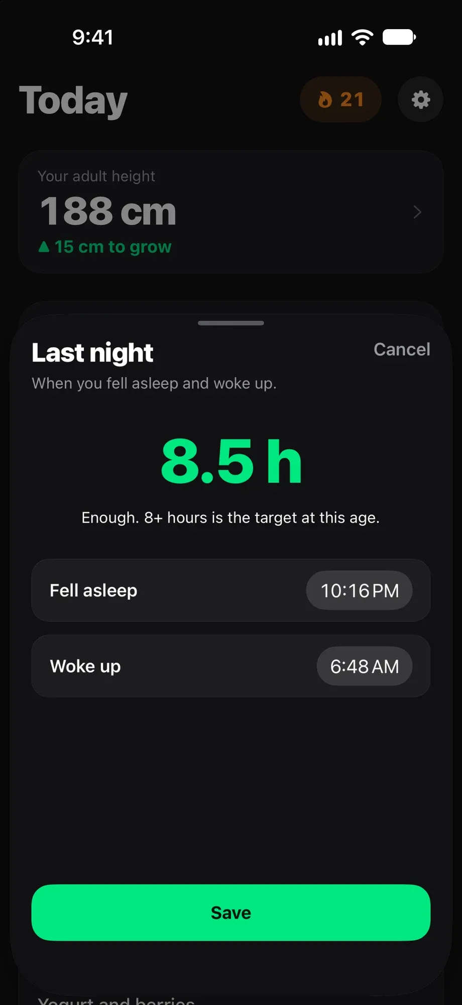 Sleep log: 8.5 hours last night, fell asleep 10:16 PM, woke up 6:48 AM