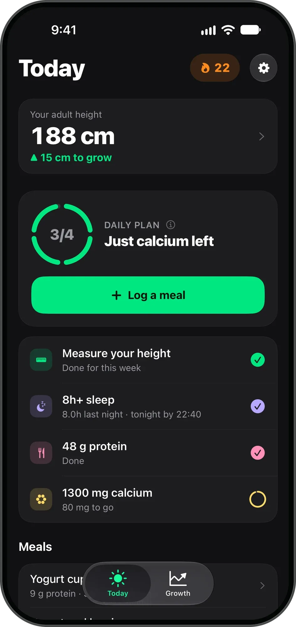 TallPlan Today screen: adult height 188 cm with 15 cm left to grow, a 22-day streak, and today’s plan at 3 of 4 with just calcium left
